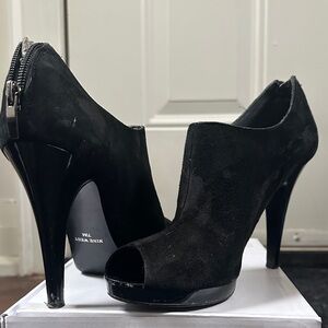 Black Suede Peep-Toe High Heel Booties